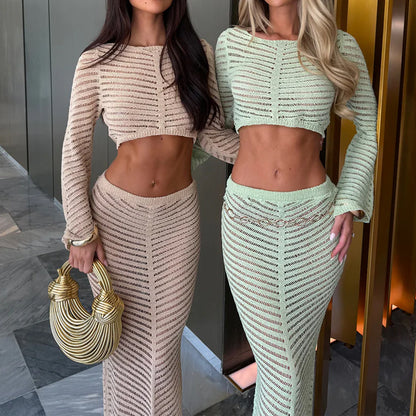 CYB cropped sheath round neck long sleeve knitted skirt suit