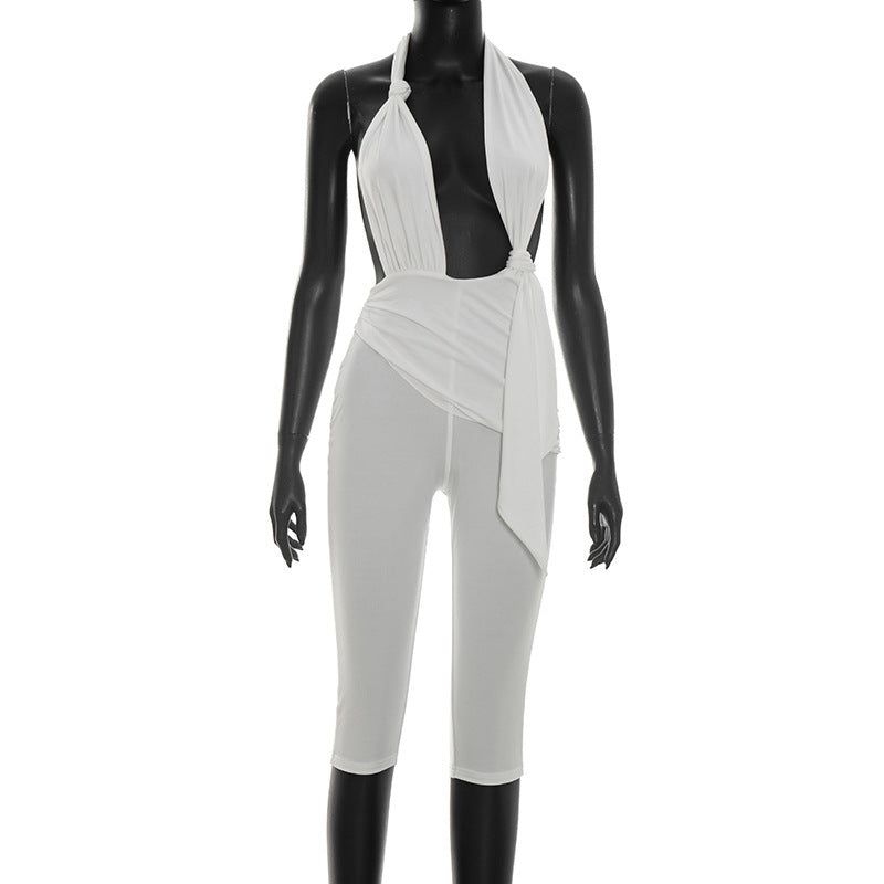 DZHT C26JP127 summer pure color halter lace-up knot backless Siamese cropped pants