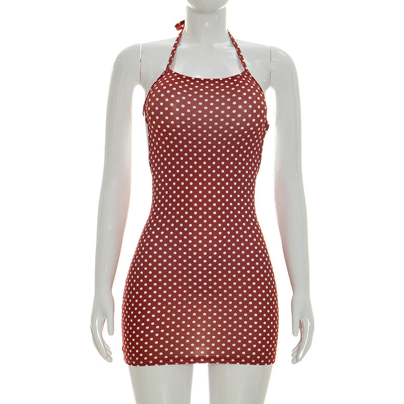 DZHT J26DS002 spring polka dot halter lace-up backless short dress