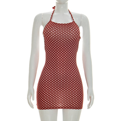 DZHT J26DS002 spring polka dot halter lace-up backless short dress