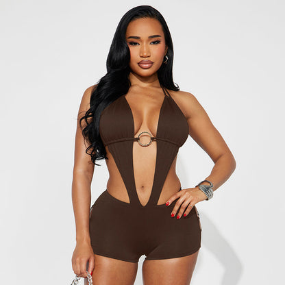 DZHT D26RP003 spring ring hollow-out halter bare back one-piece shorts