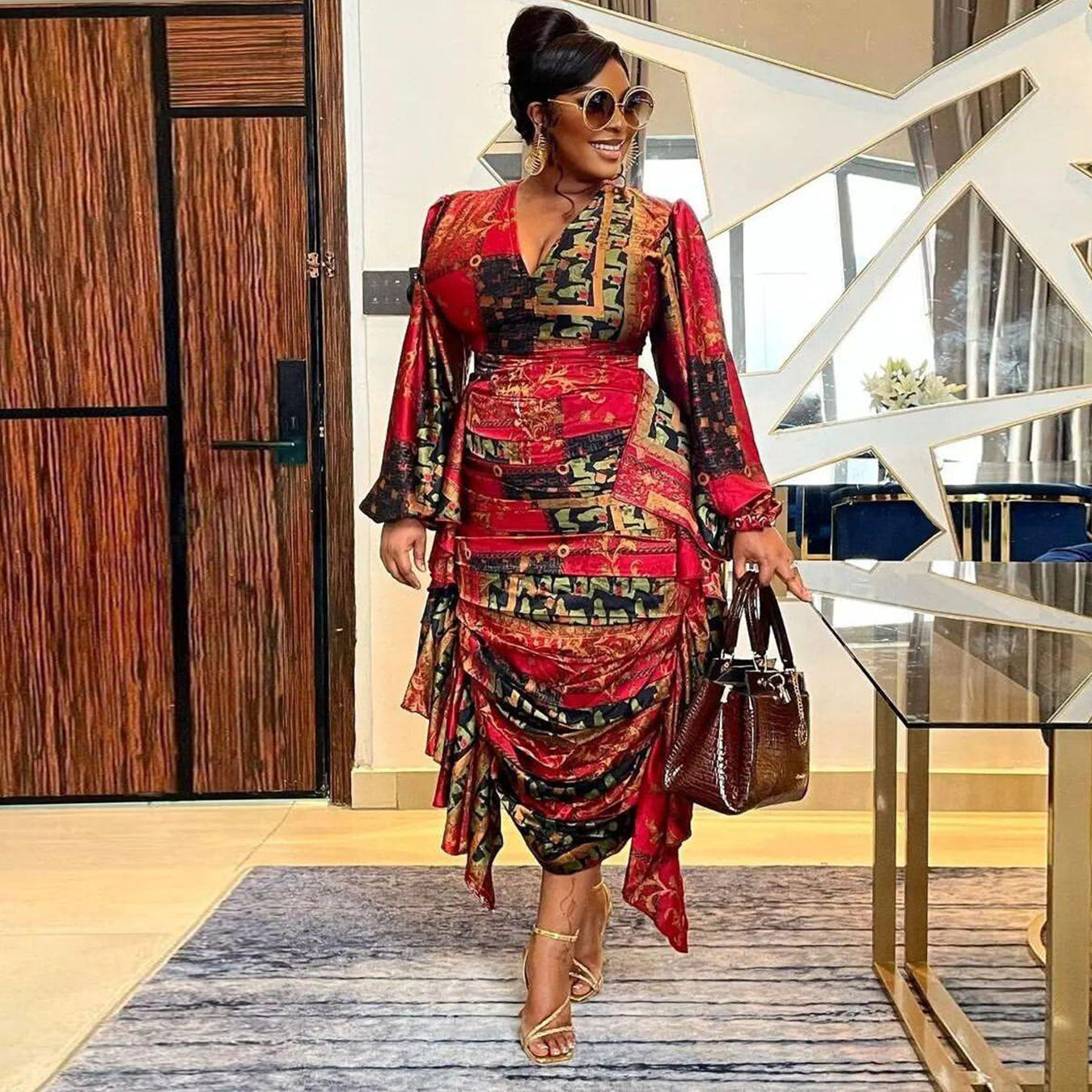 GY (S-3XL) S10597 printed ruffled pleated lantern sleeve sheath slim-fit long-sleeved dress