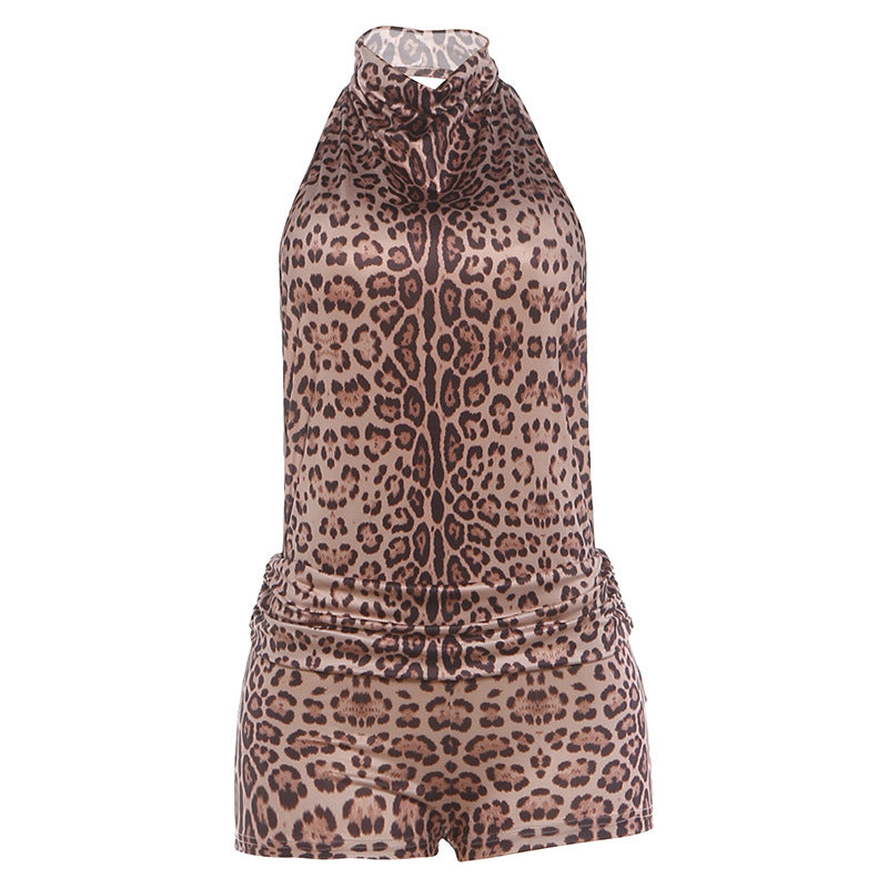 SXR K6Q12868A summer backless halter leopard print jumpsuit