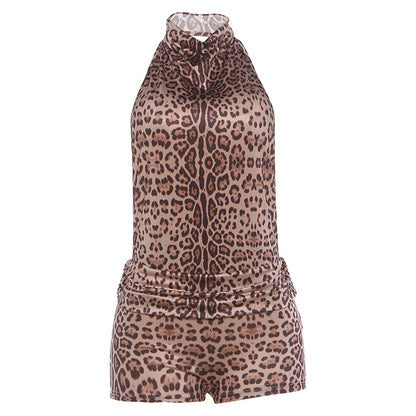 SXR K6Q12868A summer backless halter leopard print jumpsuit