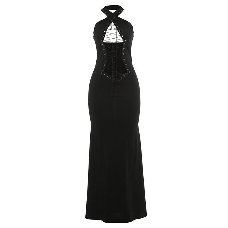 DLS 2026 spring halter cross strap sexy backless waist trimming sheath dress