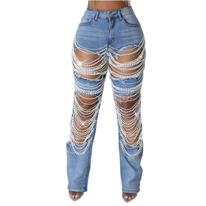 MZ (S-2XL) MZ88586 ripped pearl chain decorative jeans