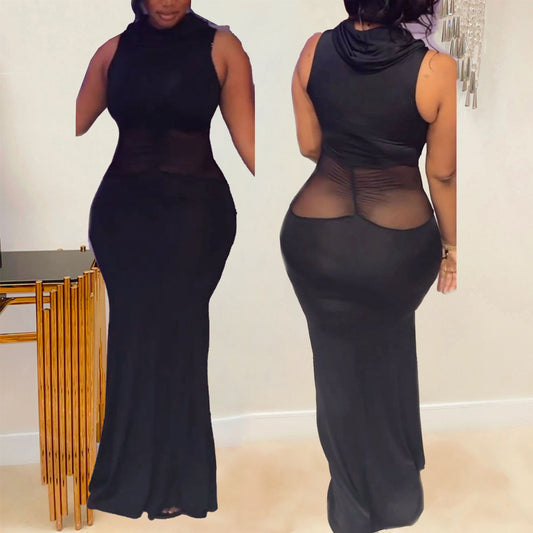 GY (S-3XL) S10626 sheath tight turtleneck sleeveless mesh stitching see-through dress