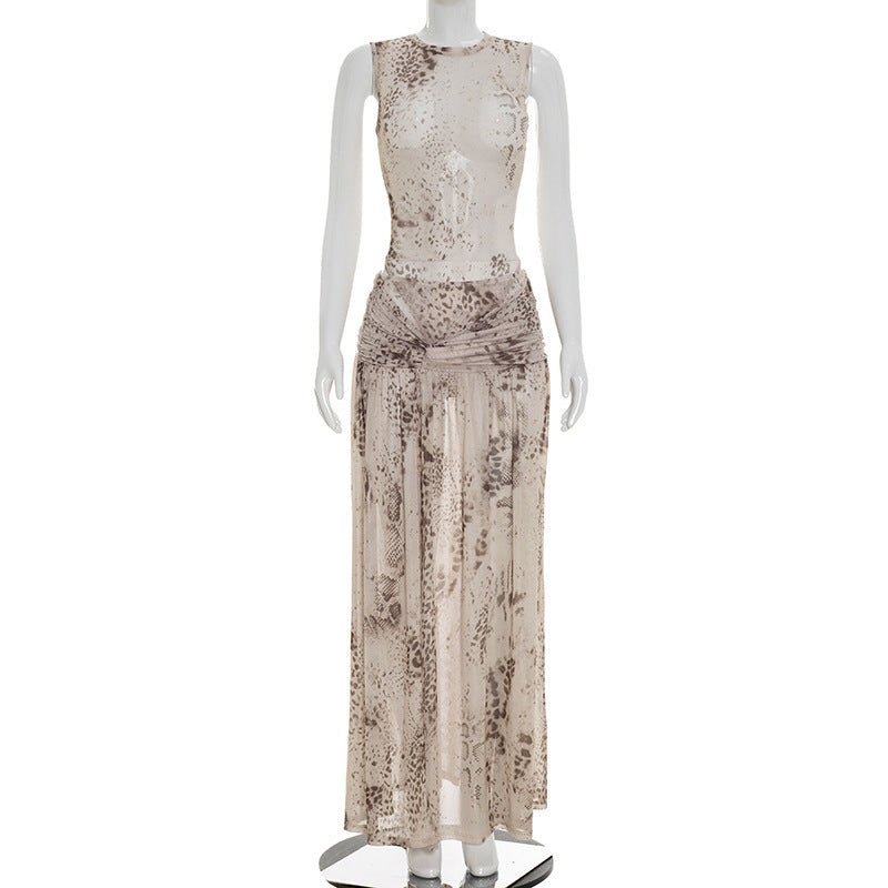 DZHT J26ST091 fashion printed jumpsuit half-length slit dress suit