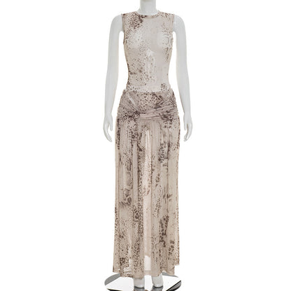 DZHT J26ST091 fashion printed jumpsuit half-length slit dress suit