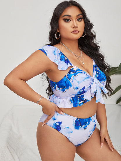 LF (L-4XL) women's split color printing swimsuit plus size