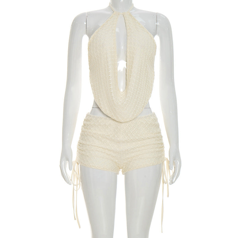 DZHT C26ST198 lace stitching halter backless lace-up top tight shorts two-piece suit
