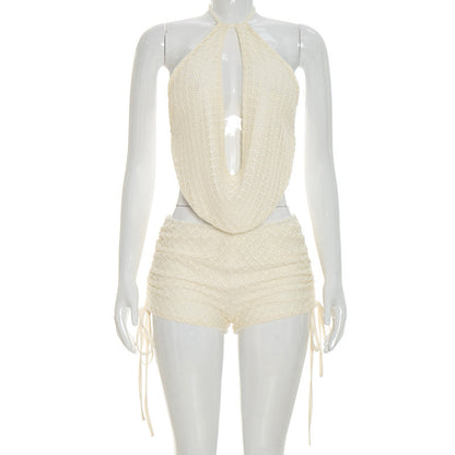 DZHT C26ST198 lace stitching halter backless lace-up top tight shorts two-piece suit