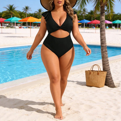 CL (L-4XL) 2026 one-piece high waist swimsuit female wooden ear waist hollow out
