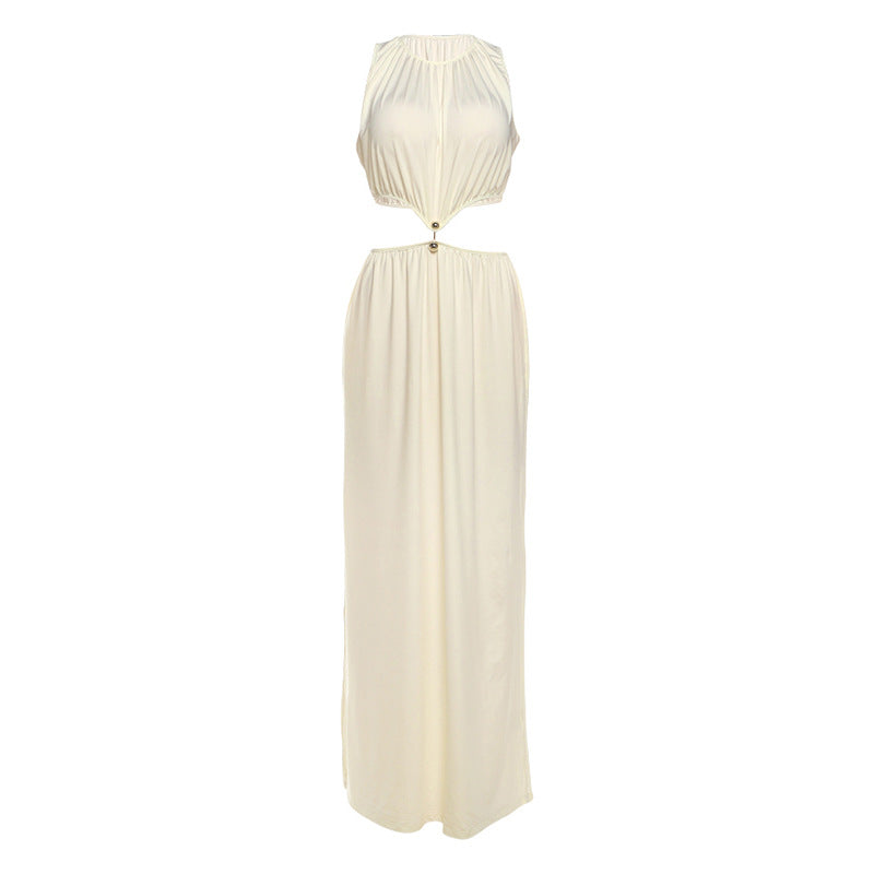 SXR autumn fashion midriff outfit long dress round neck sleeveless solid color dress