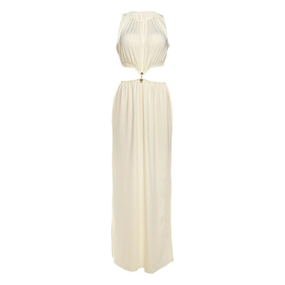 SXR autumn fashion midriff outfit long dress round neck sleeveless solid color dress