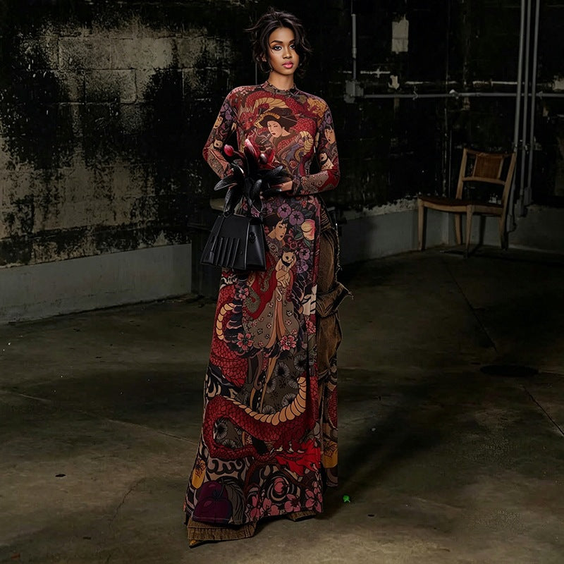 DLS round neck printed waist-controlled slim and tall looking split long top