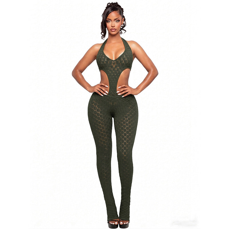 DZHT J26JP067 see-through slim-fit slimming knitted deep V jumpsuit