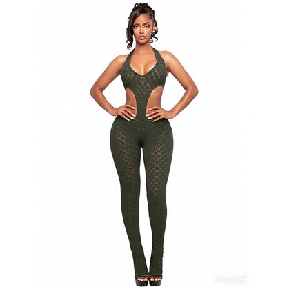 DZHT J26JP067 see-through slim-fit slimming knitted deep V jumpsuit