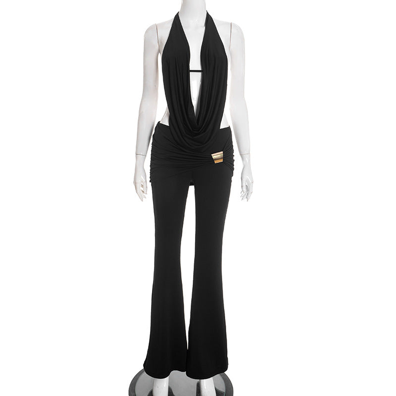 DZHT D25ST556 halter swing collar backless rope top metal buckle bootcut pants two-piece suit