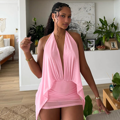 DZHT D26DS041 spring fake two-piece mesh halter bare back dress