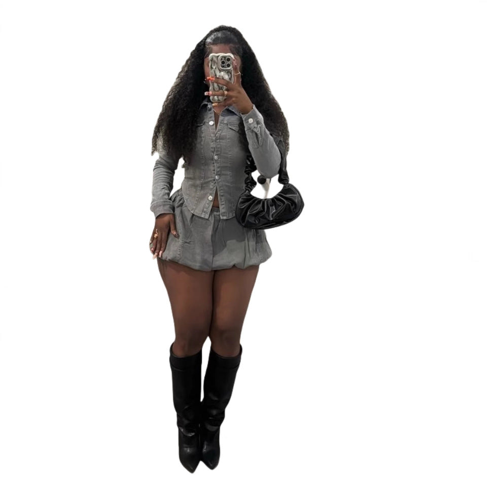 MZ (S-2XL) MZ88609 slim shirt stretch denim skirt