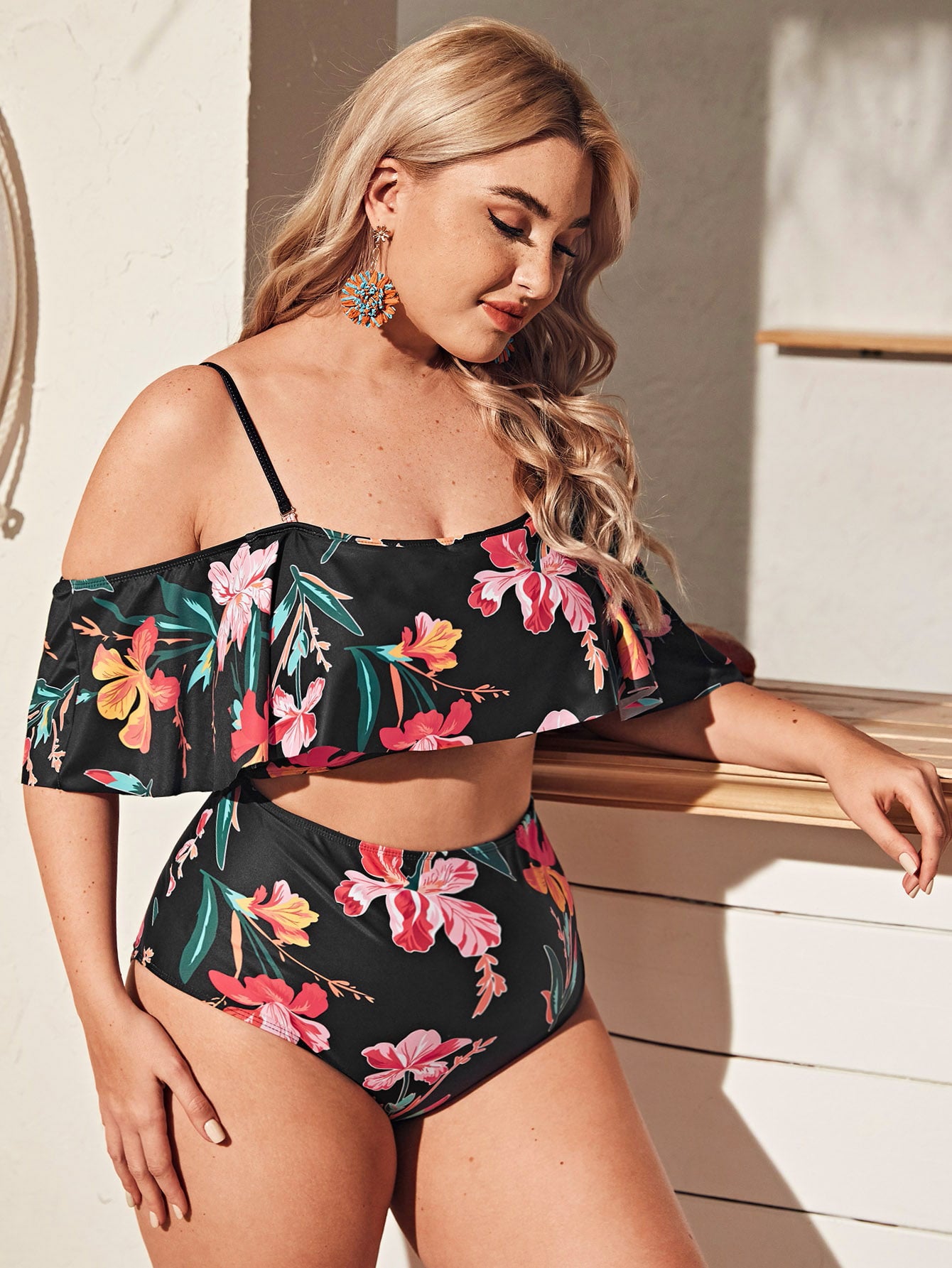 LF (L-4XL) plus size multi-color split printed swimsuit for women