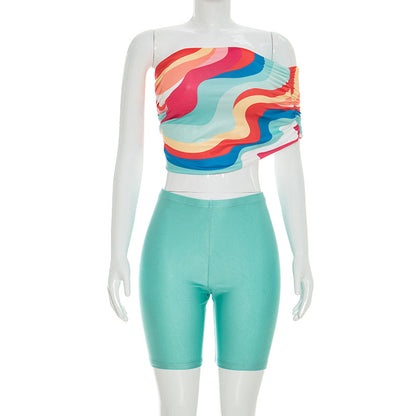 DZHT J26ST125 one-shoulder printed short top solid color tights two-piece suit