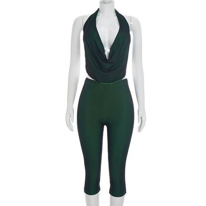 DZHT Q26ST073 hanging collar halter bare back top tight cropped pants two-color suit