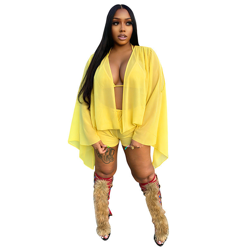 DZHT D26ST103 chiffon hollow-out deep V flared long-sleeved top and shorts summer suit