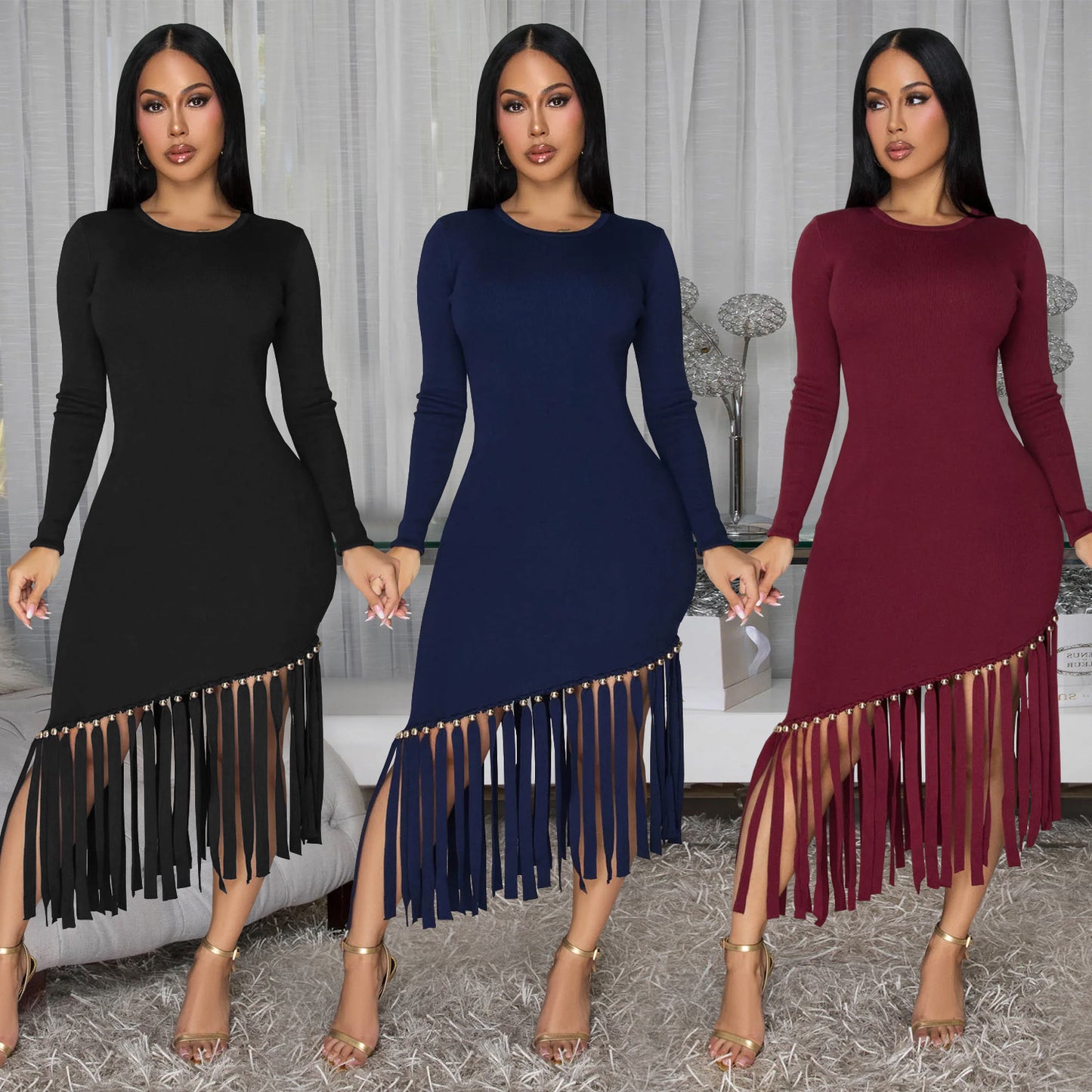 XYZ C7533 slim-fit round neck Tassel Hem Dress