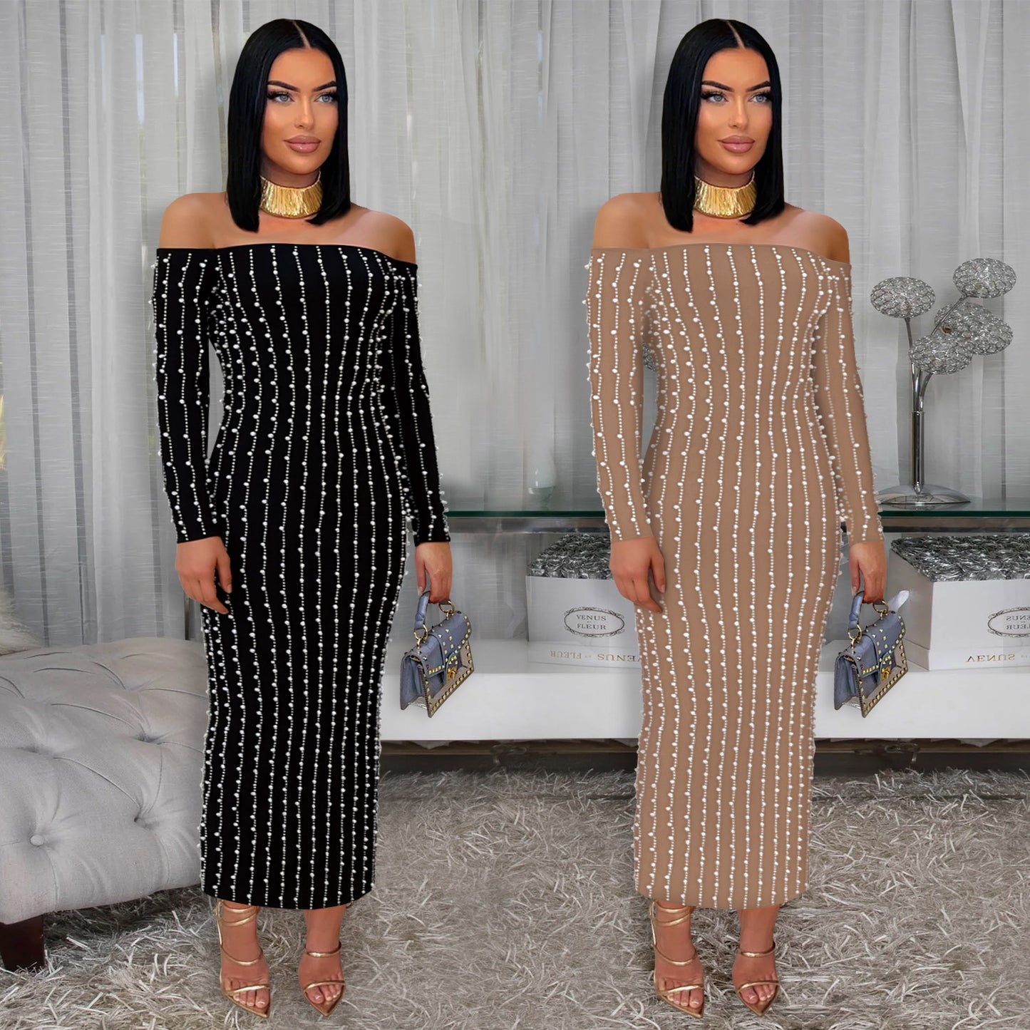 XYZ C7419 elegant long sleeve tube top rhinestone arm covering dress