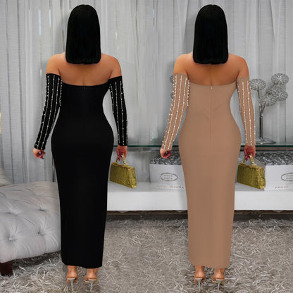 XYZ C7419 elegant long sleeve tube top rhinestone arm covering dress