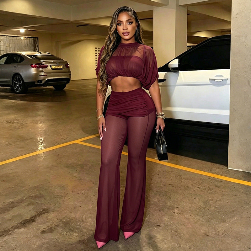DZHT J26ST228 mesh stitching see-through short top Bell-bottom pants two-piece suit