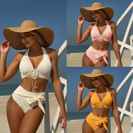 (4 days ready to ship) SY fresh shell beach special fabric high waist split swimsuit
