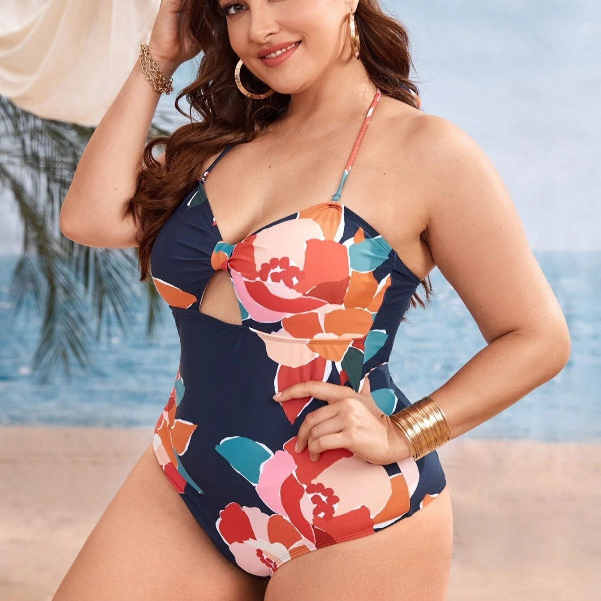 LF (L-4XL) 2026 swimsuit women's Siamese triangle plus size printing
