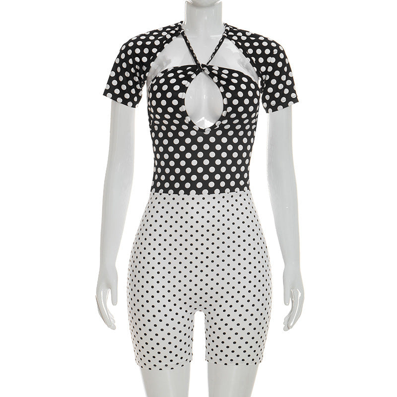 DZHT D26RP081 summer polka dot print halter lace-up short sleeve one-piece shorts