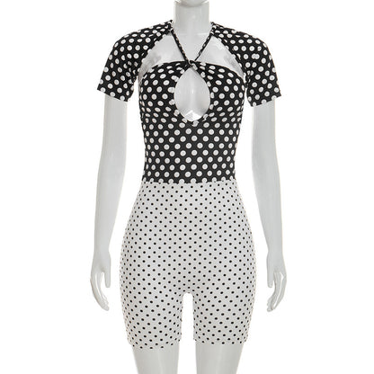 DZHT D26RP081 summer polka dot print halter lace-up short sleeve one-piece shorts