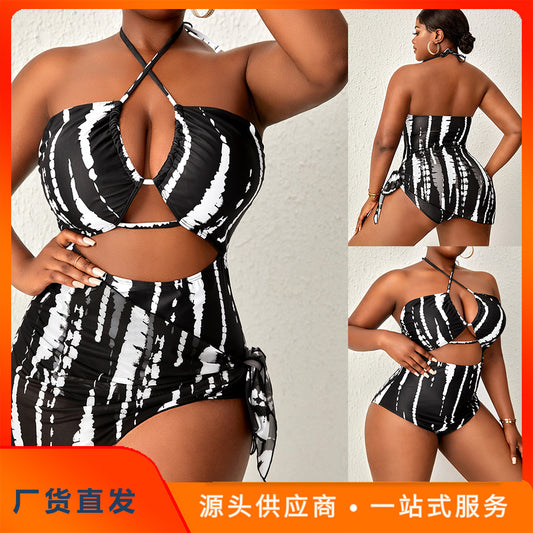 CL (L-4XL) bikini halter cut-out one-piece two-piece suit digital printing plus size swimsuit bikini