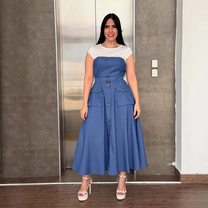 GY (S-3XL) K3635 denim stitching contrast color overalls pocket a-style hemline waist dress