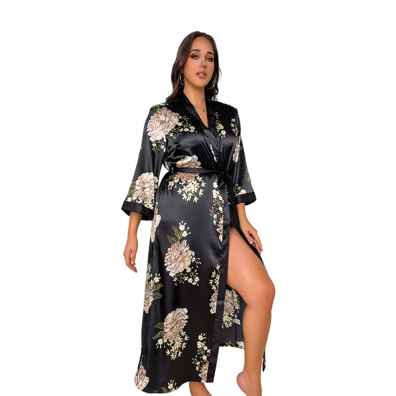 (XL-5XL) DNL plus size loose printed long emulation silk nightgown
