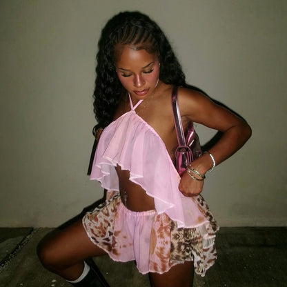 DZHT D26ST092 printed mesh ruffled halter backless top and shorts two-piece suit