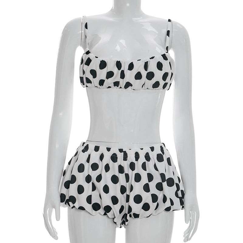 DZHT D26ST085 polka dot printed ultra-short Suspender top bud-waisted shorts two-piece suit