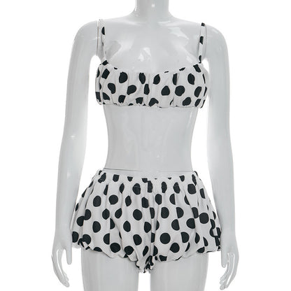DZHT D26ST085 polka dot printed ultra-short Suspender top bud-waisted shorts two-piece suit