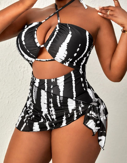 CL (L-4XL) bikini halter cut-out one-piece two-piece suit digital printing plus size swimsuit bikini