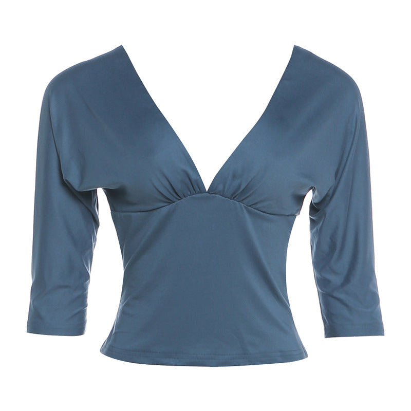 DLS summer deep V-neck backless half sleeve T-shirt cinched slimming pullover