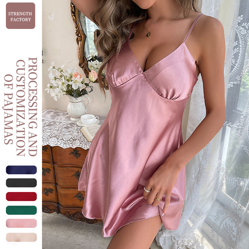DNL slip nightdress backless skirt breathable Ice Silk dress pajamas
