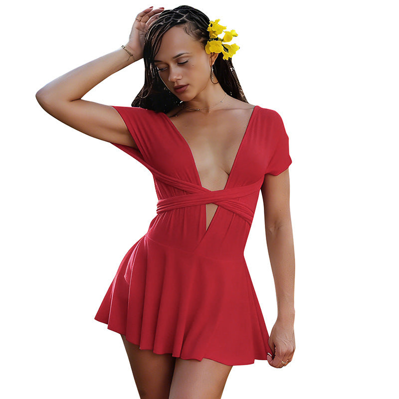 DZHT D26DS104 solid color deep V bare back bandage workout leggings dress
