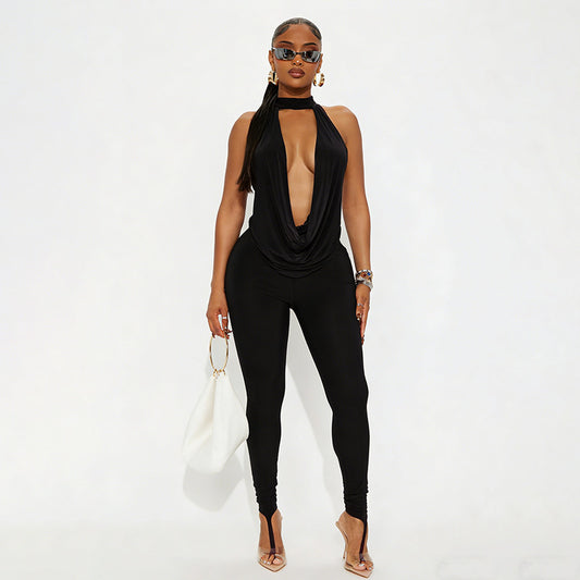 DZHT J26ST020 halter backless lace-up swing collar top toe ring pants two-piece suit