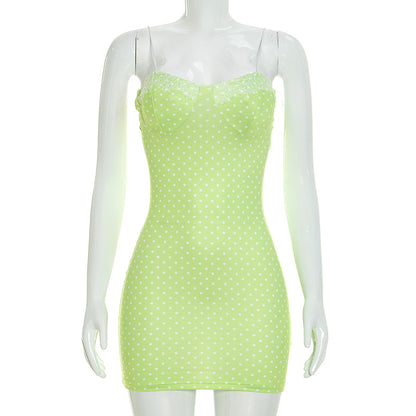 DZHT D26DS140 polka dot print lace sleeveless tight sheath dress