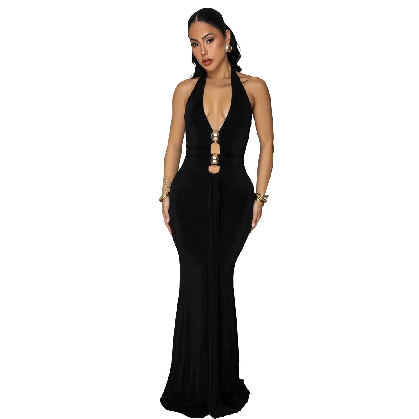 XYZ C7599 backless halter deep V dress